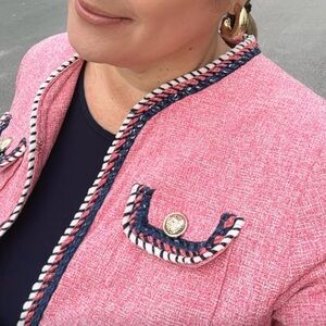 Elegant Light (Baby) Pink Tweed Blazer with Navy and Gold Trim